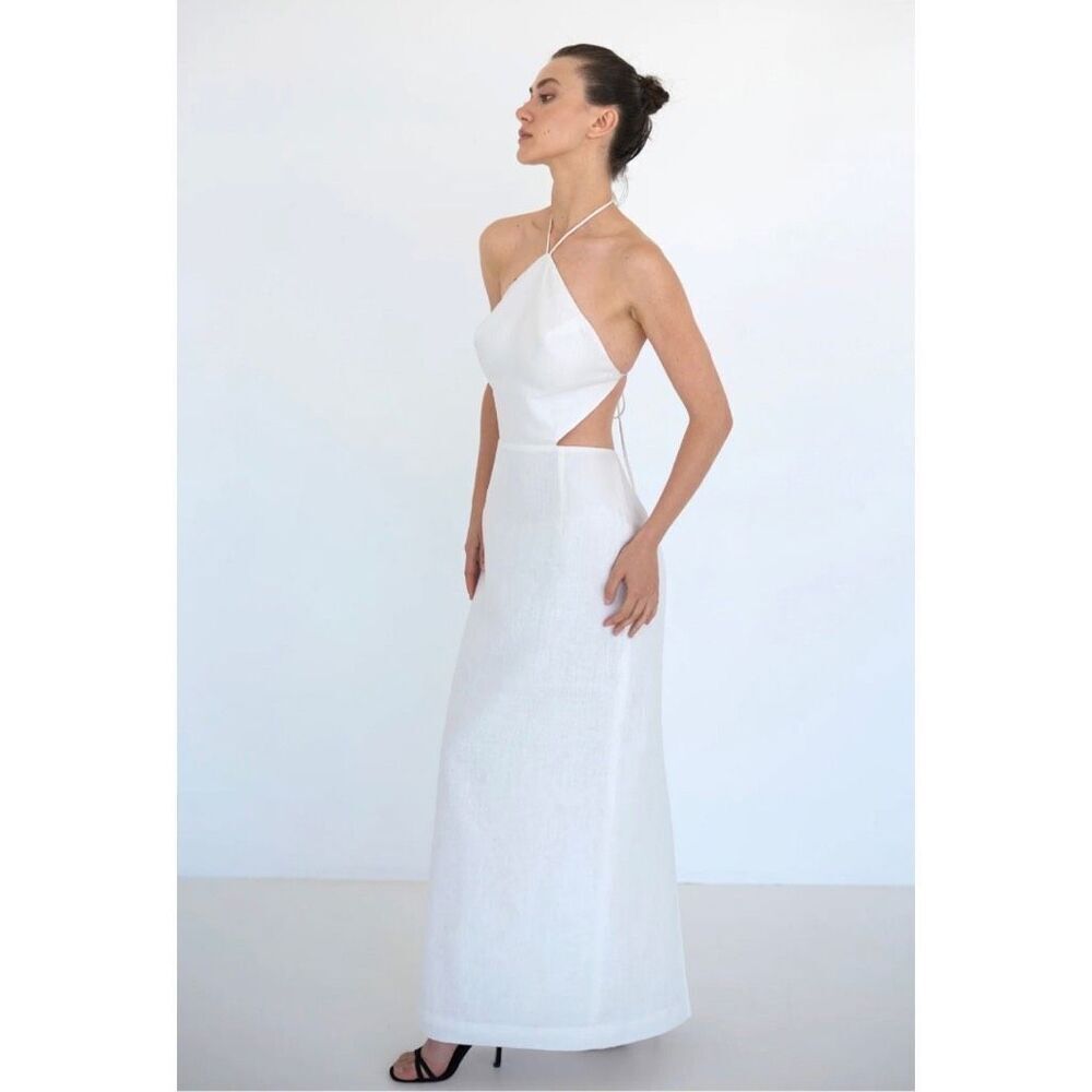 NWT Nuaje Nuaje Large Anne Openback Linen Dress White Halter Cutout Maxi Coastal
